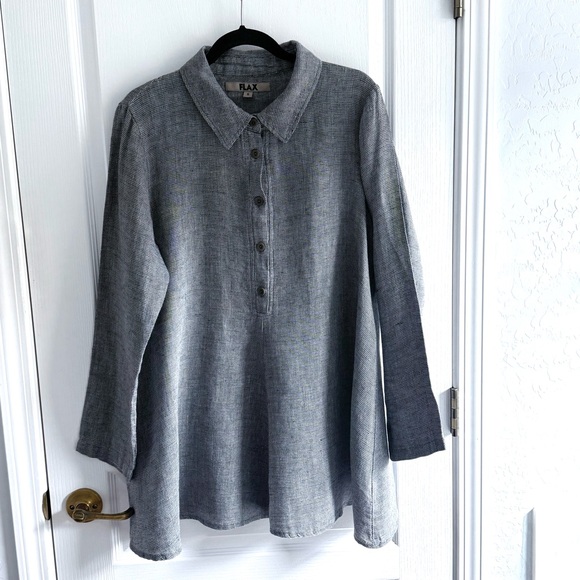 Flax Tops - Flax Tunic Top 100% Linen Black and White Houndstooth A-line Hem Size S